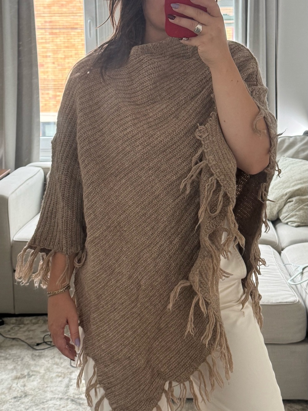 Fringed Taupe Knit Poncho Sweater - Wool blend